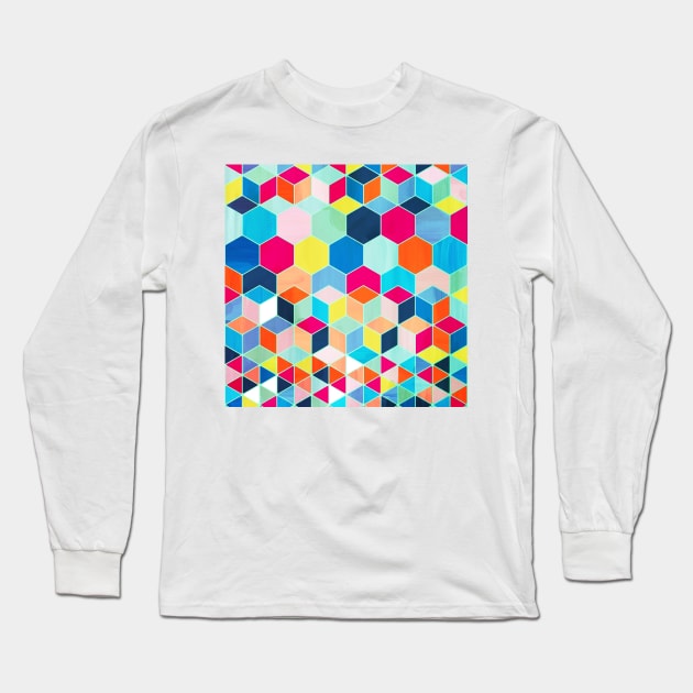 Super Bright Color Fun Hexagon Pattern Long Sleeve T-Shirt by micklyn